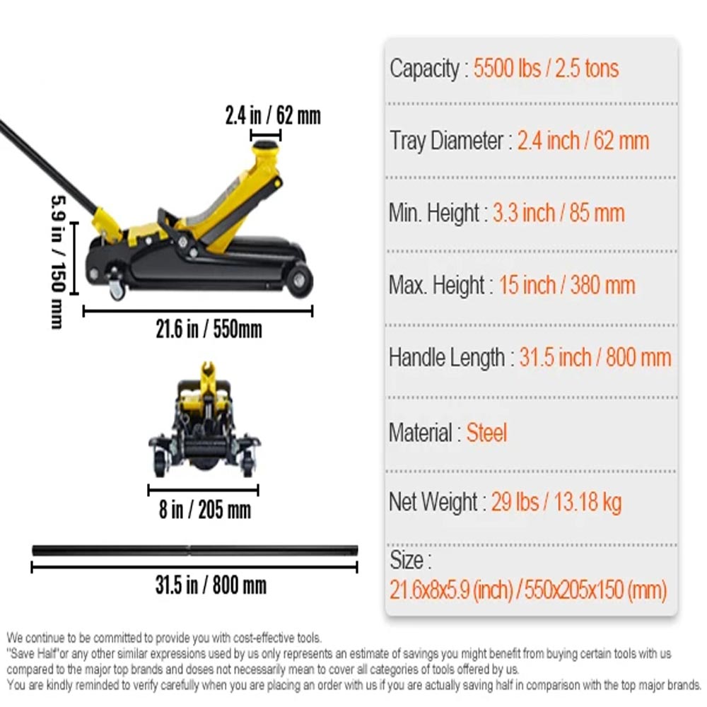 2.5T Floor Hydraulic Jack Pneumatic Low Profile Floor Jack Heavy-Duty Steel Racing Floor Jack with Single Piston Lift Pump