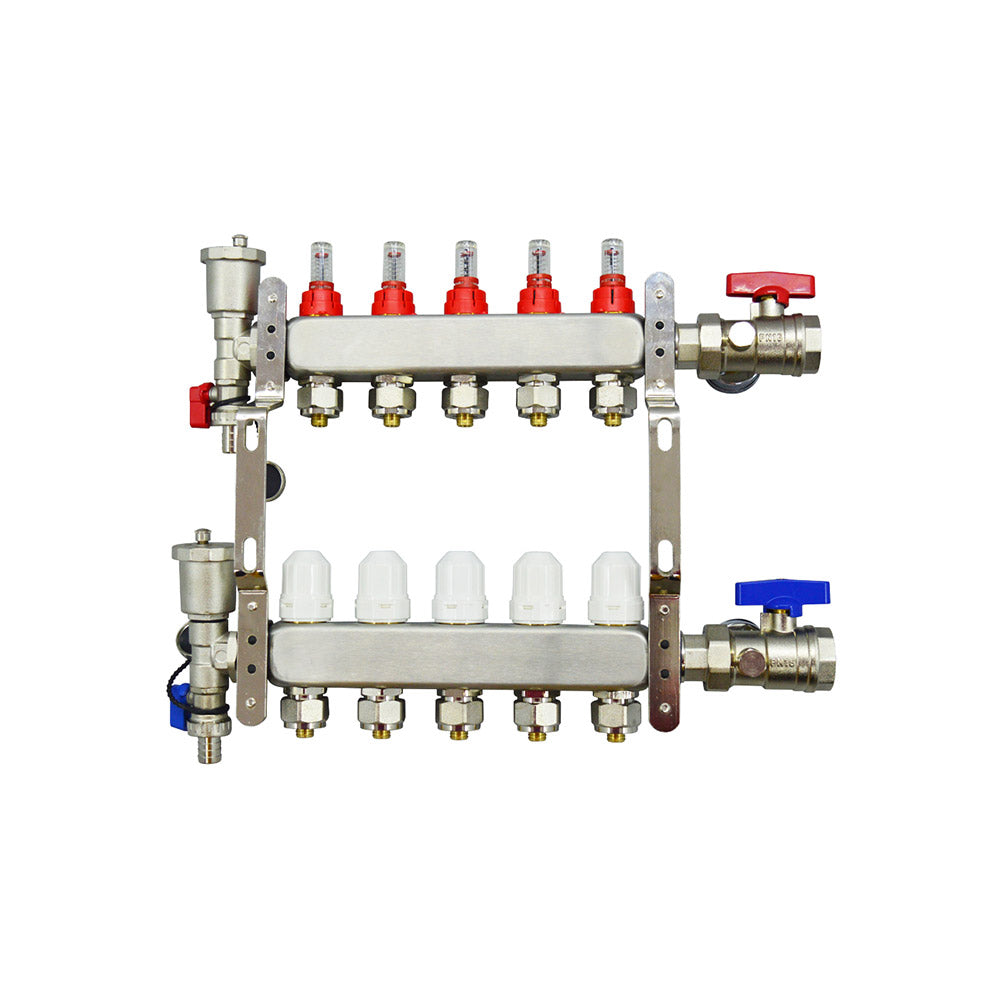 Ensemble de chauffage au sol radiant en acier inoxydable (collecteur de sol 1/2" avec débitmètres, configuration 2-12 boucles (5 branches)