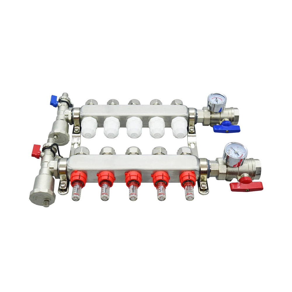 Ensemble de chauffage au sol radiant en acier inoxydable (collecteur de sol 1/2" avec débitmètres, configuration 2-12 boucles (5 branches)