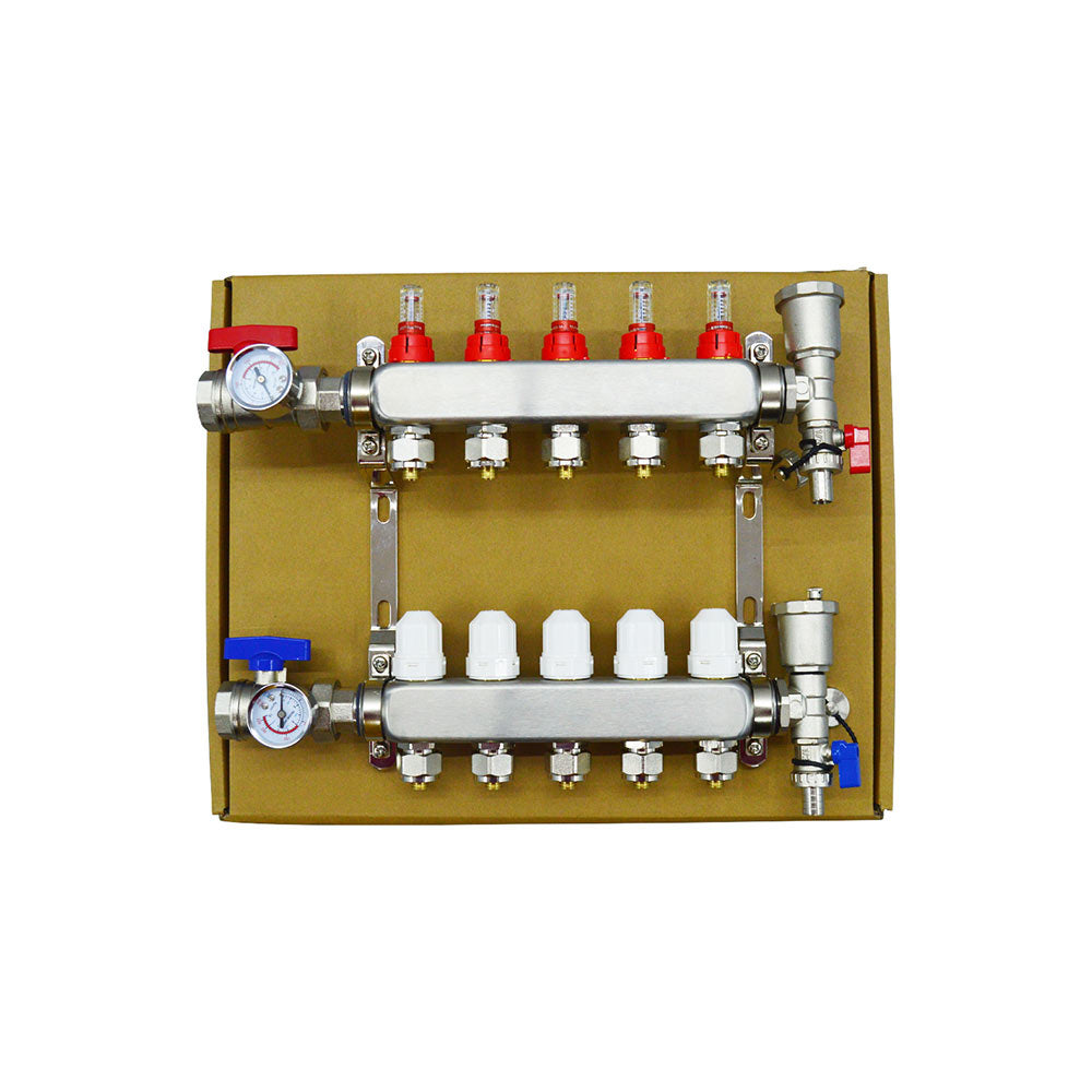 Ensemble de chauffage au sol radiant en acier inoxydable (collecteur de sol 1/2" avec débitmètres, configuration 2-12 boucles (5 branches)