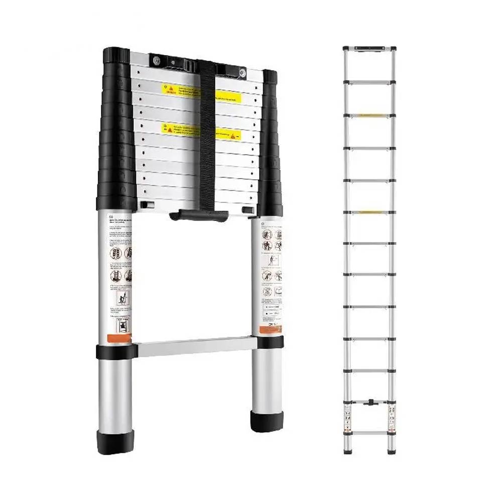 Telescoping Ladder 12.5 FT Aluminum One-Button Retraction Collapsible Extension 375 LBS Capacity w/Non-Slip for Home RV