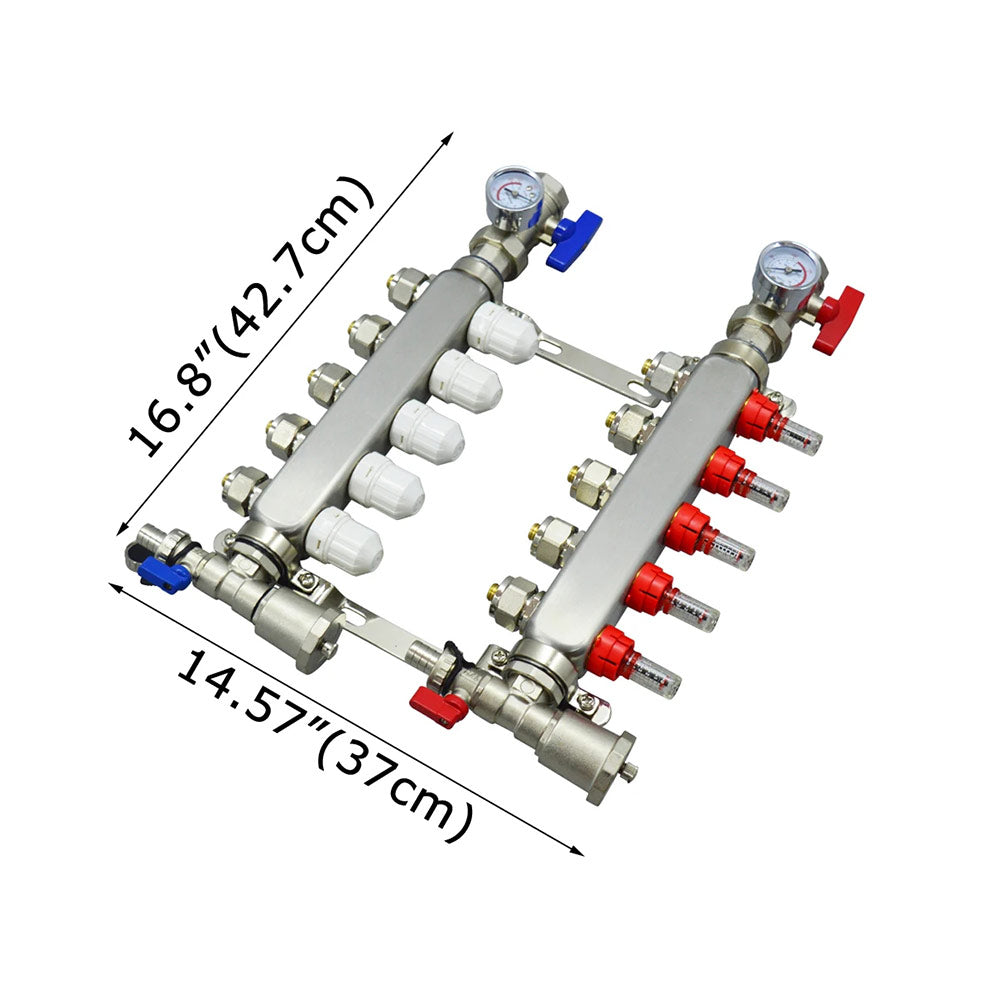 Ensemble de chauffage au sol radiant en acier inoxydable (collecteur de sol 1/2" avec débitmètres, configuration 2-12 boucles (5 branches)