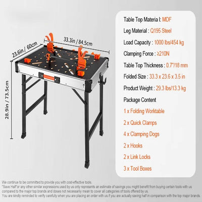 Folding Work Table 1000LBS Load Capacity Multifuctional Portable Workbench & Versatile Sawhorse for DIY Woodworking Use