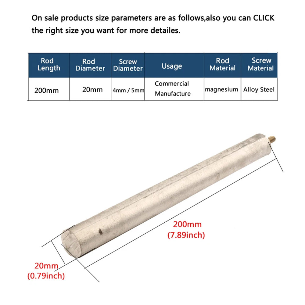 Chauffe-eau électrique en acier allié, tige d'anode en magnésium, taille 20x200mm, prévention du tartre pour radiateurs et vaporisateurs