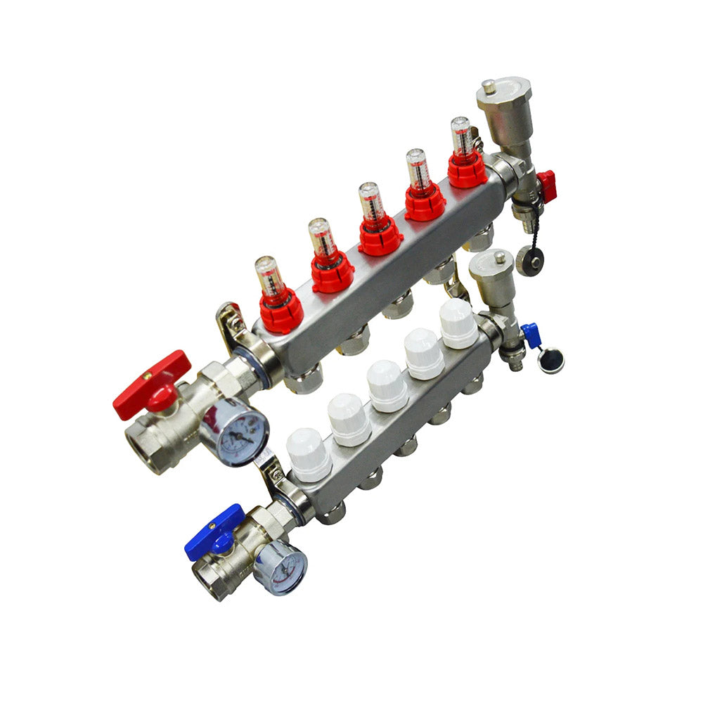 Stainless Steel Radiant Floor Heating Set (1/2" Floor Manifold with Flow Meters 2-12 Loop Configuration (5 Branches)