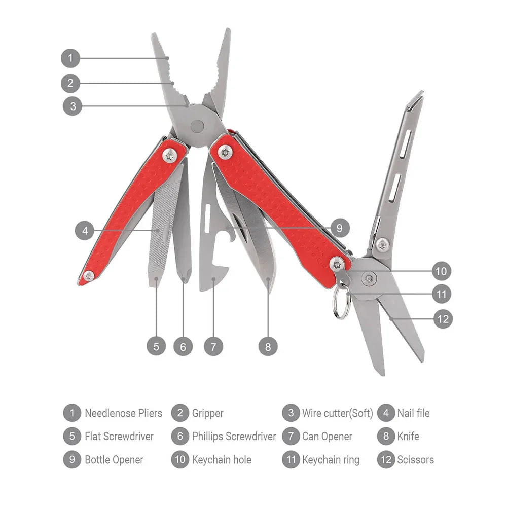 Multitool 10 in 1 in Acciaio Inossidabile: Compagno Ideale per Avventure e Uso Quotidiano