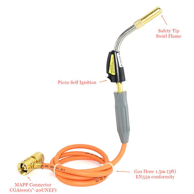 Mapp Gas Welding Torch with 1.5m Hose, Piezo Ignition, CGA600 Connection - Ideal for Brazing, BBQ, HVAC, Plumbing, and Heating.