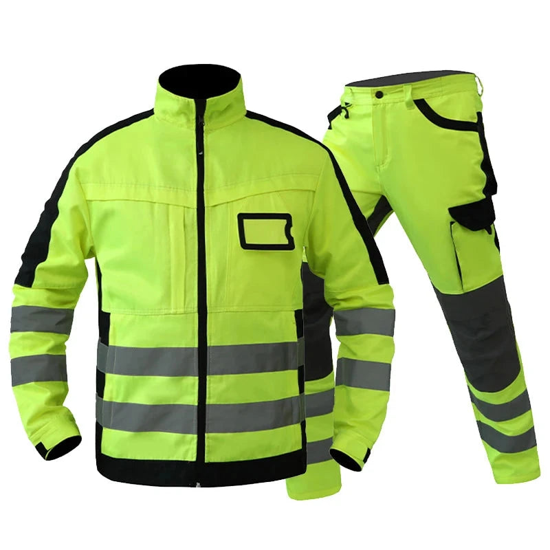 Fluorescent Yellow Safety Work Suit: Hi-Vis Reflective Stripes Uniform with Multi-Pocket