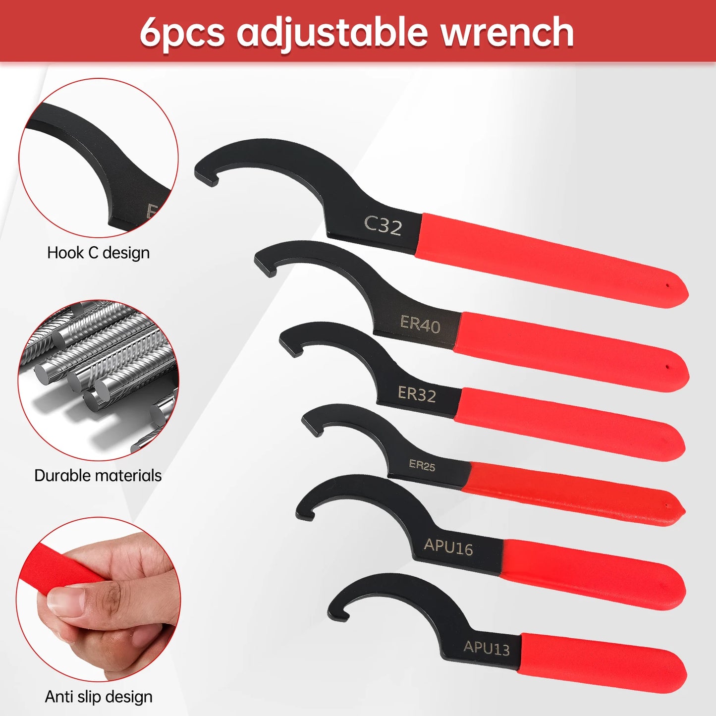 6Pcs Hook Wrenches Tools Set Hook C Sesign Spanner Anti Slip Rubber Handle for Round Nut Electrical Shock Adjustment Car Repair