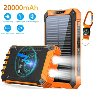 10000/20000mAh Wireless Solar Power Bank with LED Light&Cables-Waterproof/Shockproof