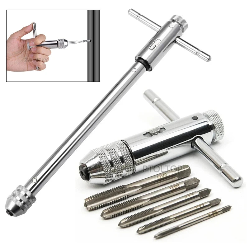 Adjustable T-Handle Ratchet Tap Wrench Set with 5pcs M3-M8/M5-M12 Metric Taps