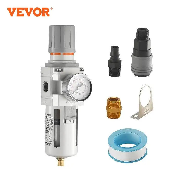 VEVOR Air Compressor Filter 1/2" Single Stage Semi-Auto Air Dryer Water Separator with Brass Filter Element Pressure Regulator