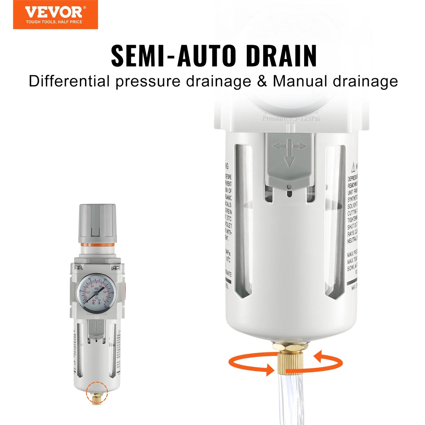 VEVOR Air Compressor Filter 1/2" Single Stage Semi-Auto Air Dryer Water Separator with Brass Filter Element Pressure Regulator