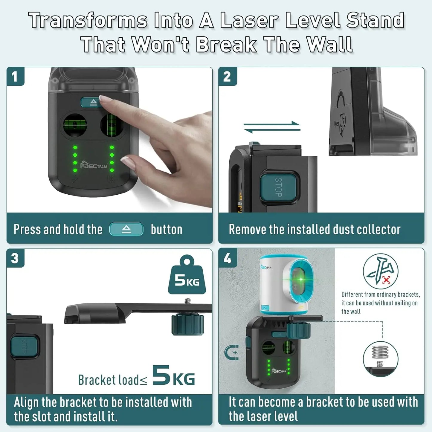 4-in-1 Laser Level & Dust Collector – DIY Drill Bit & Wall Bracket