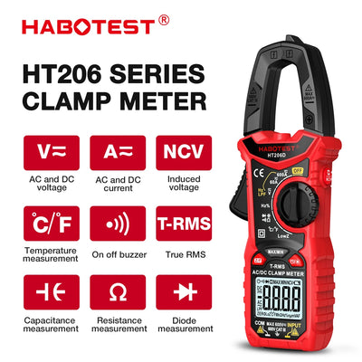 HABOTEST HT206 Digital Clamp Meter DC/AC Current 600A Multimeter Ammeter Voltage Tester Car Amp Hz Capacitance NCV Ohm Test