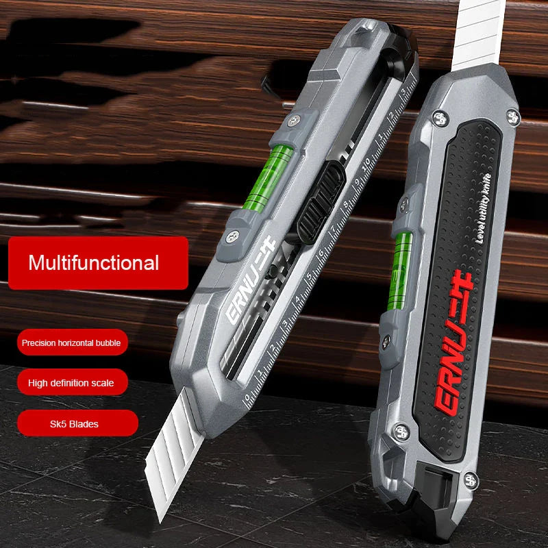 Heavy-Duty Steel Utility Knife with Ruler, Level, and Multifunctional Features