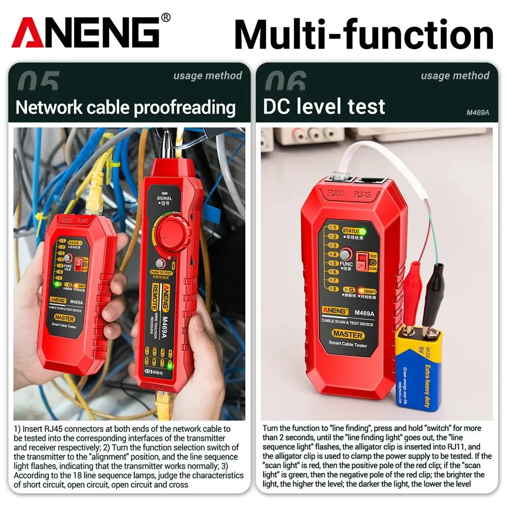 ANENG M469A Smart Network Cable Tester RJ45 RJ11 LAN Cable Tester Finder Wire Tracker Receiver Network Repair Electrical Tool