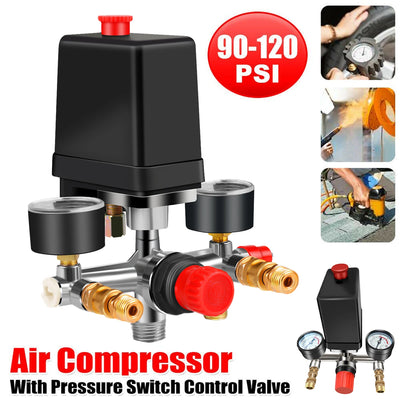 New Air Compressor Parts 90-120PSI Pressure Switch 4 Port Manifold Regulator Gauges 220-380V Aluminum Control Valve with Gauge