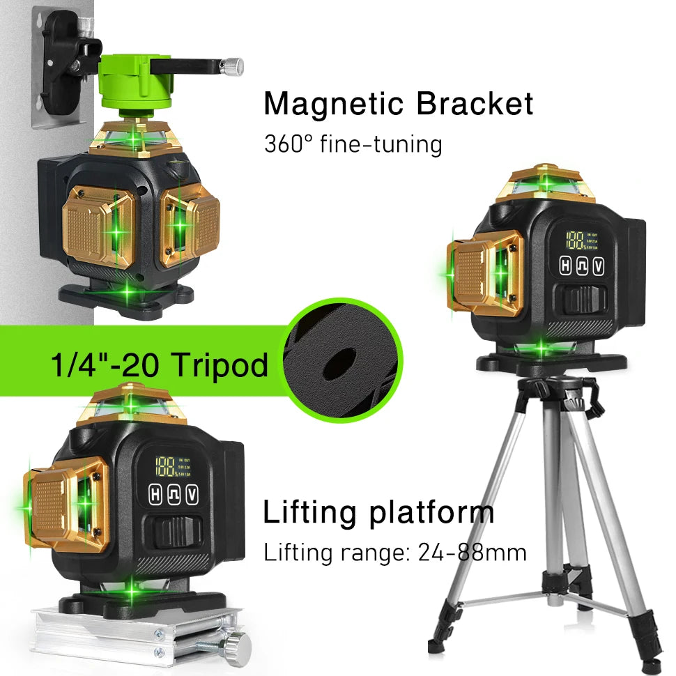 16-Line 4D Green Laser Level with 360° Rotation, High-Precision Vertical and Horizontal Lines for Decoration.