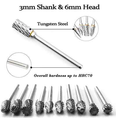 10Pcs Tungsten Steel Milling Cutter Set - 3mm Shank Diamond Cut Rotary Tools