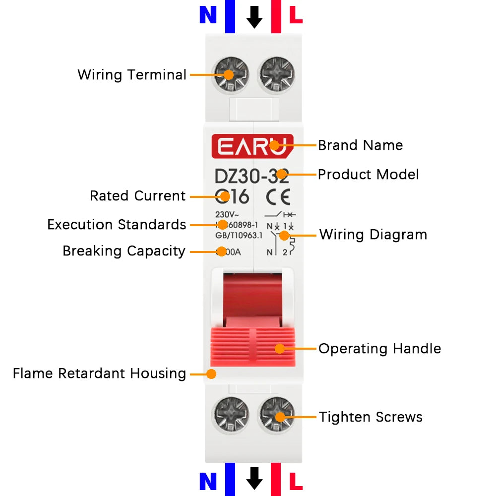 Mini Circuit Breaker MCB 6A 10A 16A 20A 25A 32A Din Rail Mounting Cutout Miniature Household Air Switch