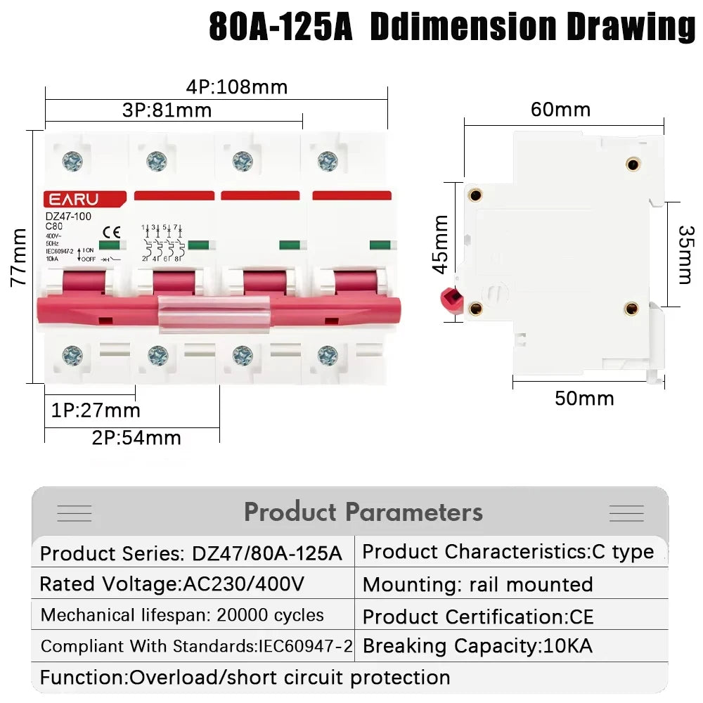 1P 2P 3P 4P DZ47 3A-125A AC 230V 400V C Type Mini Circuit Breaker MCB Short Overload Protector Din Rail Mount Breaking