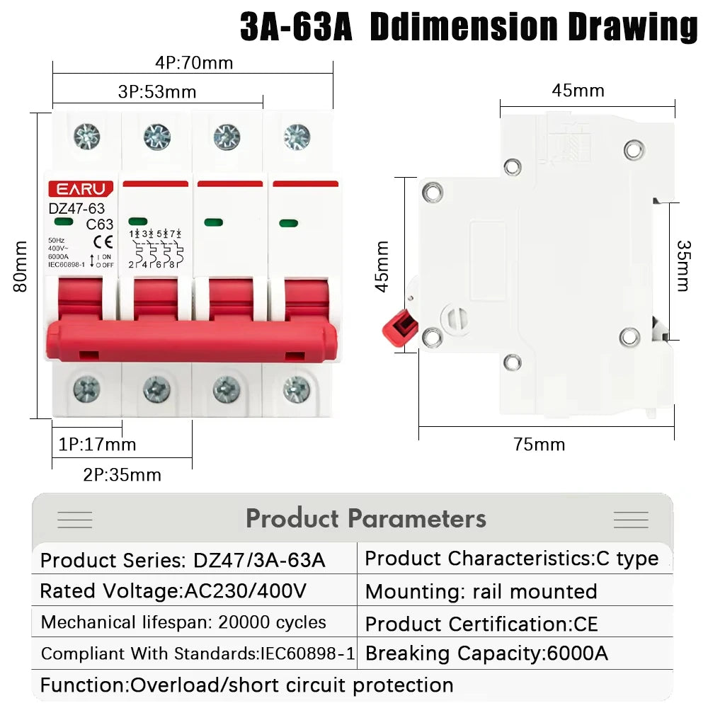 1P 2P 3P 4P DZ47 3A-125A AC 230V 400V C Type Mini Circuit Breaker MCB Short Overload Protector Din Rail Mount Breaking