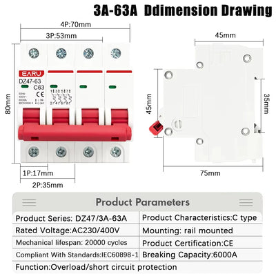 1P 2P 3P 4P DZ47 3A-125A AC 230V 400V C Type Mini Circuit Breaker MCB Short Overload Protector Din Rail Mount Breaking