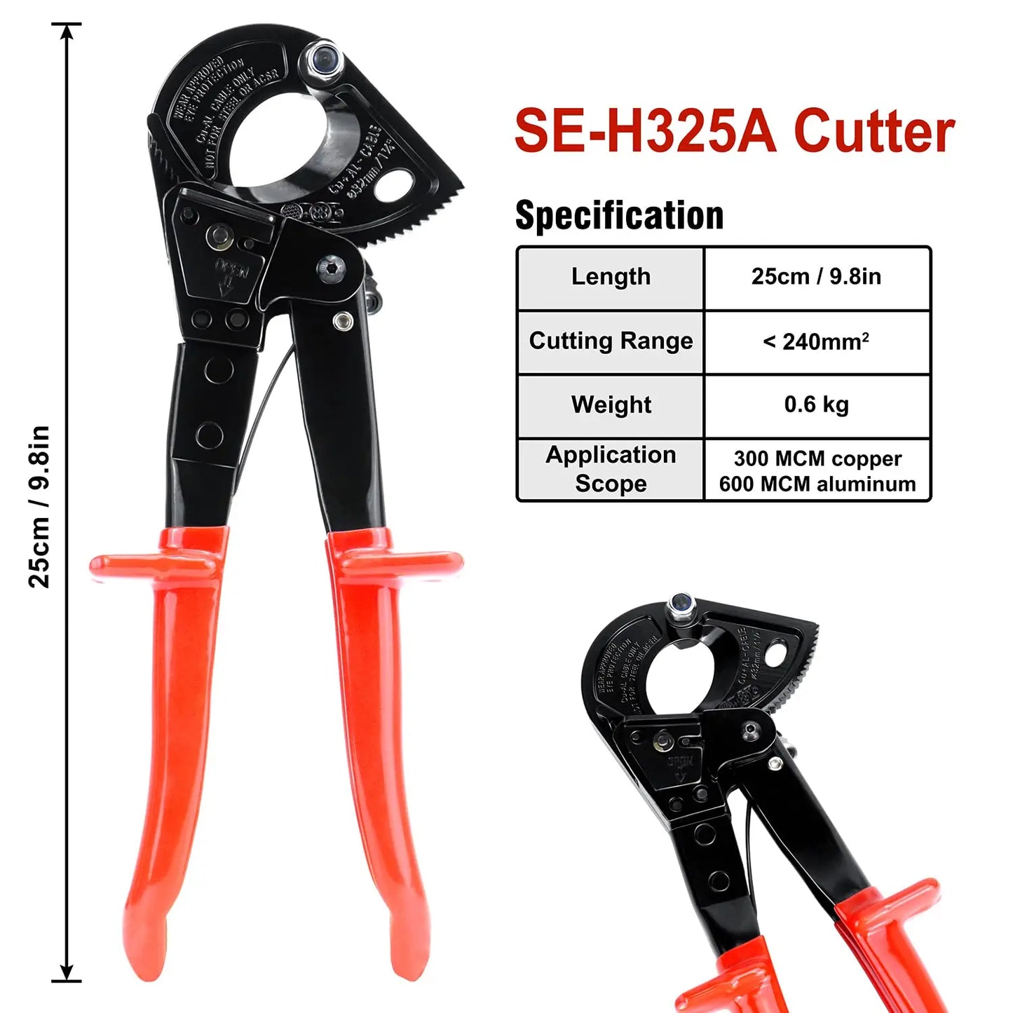 1pc Cable Cutters -Ratcheting Cable Cutters Heavy Duty for Electricians-Cutting Aluminum Copper Soft Wire up to 600MCM / HS-325A