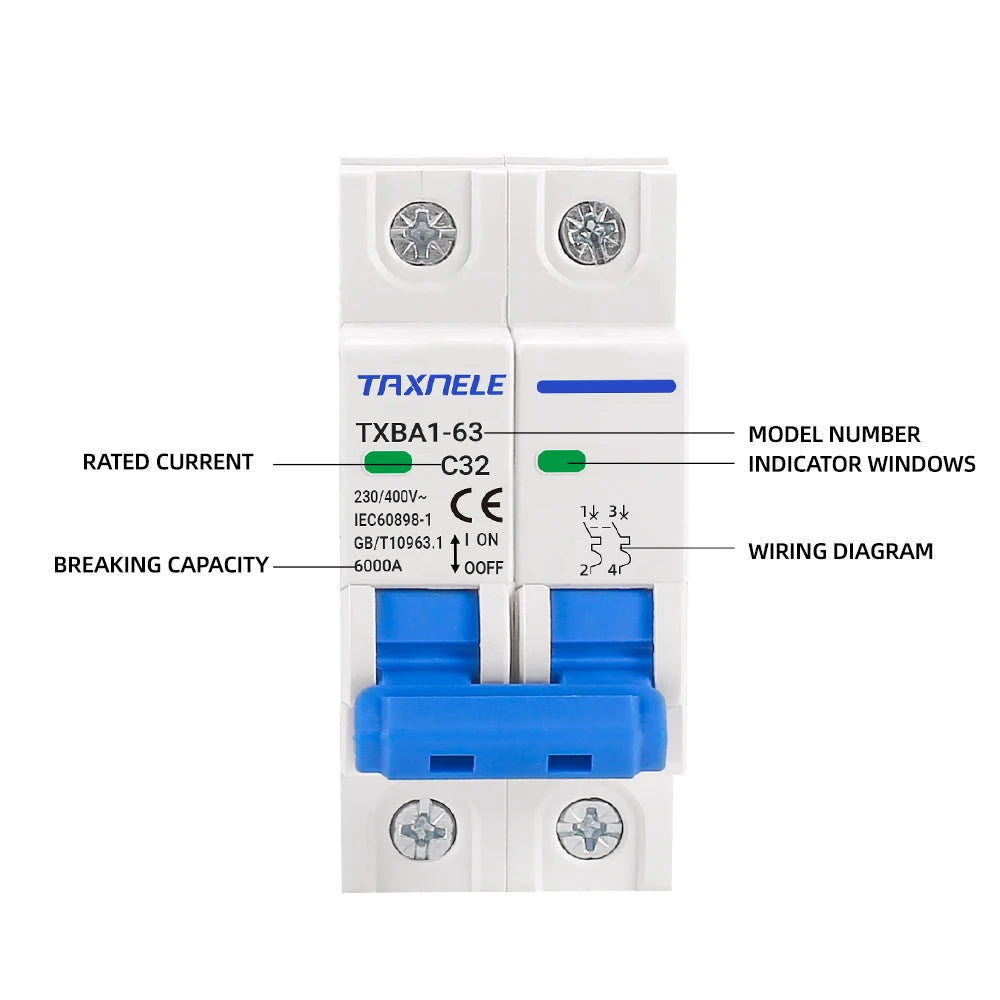 MCB 1P 2P 230V 400V 6KA Mini Circuit Breaker Air Switch 6A 10A 16A 20A 32A 40A 50A 63A Overload Short Protect