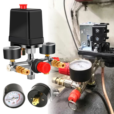 New Air Compressor Parts 90-120PSI Pressure Switch 4 Port Manifold Regulator Gauges 220-380V Aluminum Control Valve with Gauge