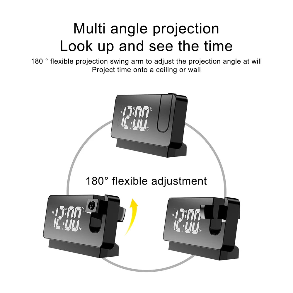 Réveil à projection LED rotatif à 180° avec USB et projecteur de plafond