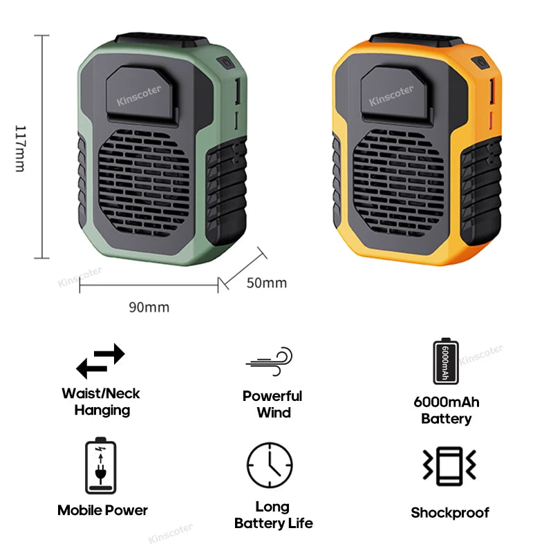 6000 mAh Hängender Hals-/Taillenventilator USB Mini Tragbarer wiederaufladbarer Ventilator für Outdoor Camping Wandern Klettern Laufen Sport