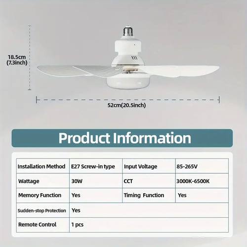 Ventilateur de plafond silencieux 2 en 1, 30 W, avec télécommande, culot E27, intensité variable, pour salon et chambre à coucher