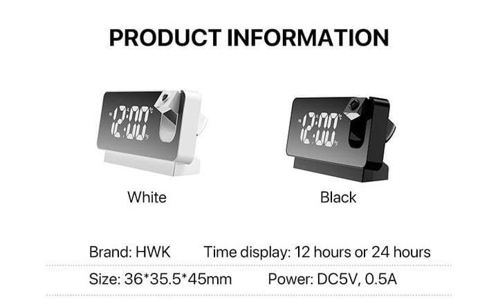 180° drehbarer LED-Projektionswecker mit USB und Deckenprojektor